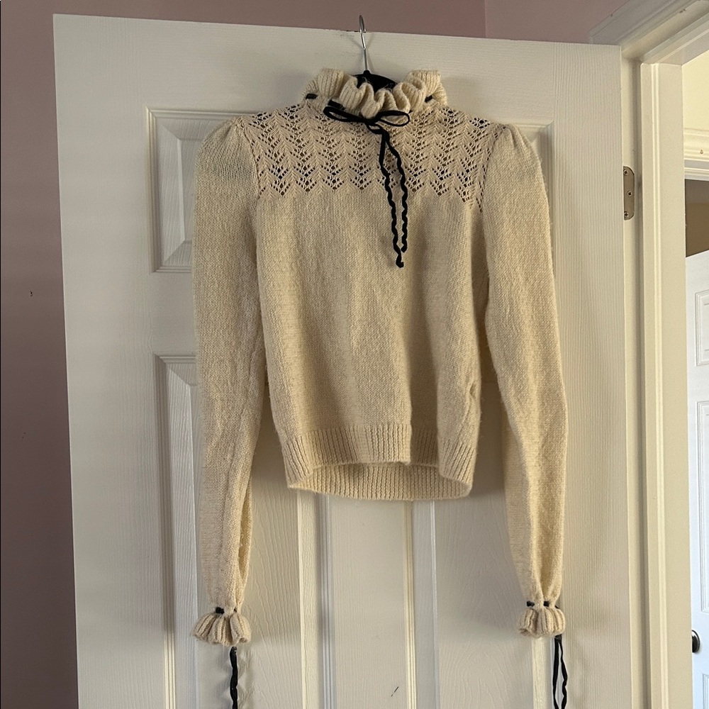 Zara Cream Frilly Mockneck Sweater with Black Velvet Ties